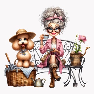 Divertente nonna che beve caffè Clipart Bundle, Nonna Giardino Png, Barboncino, Beagle, Cucciolo Clipart, Download digitale, 10 PNG