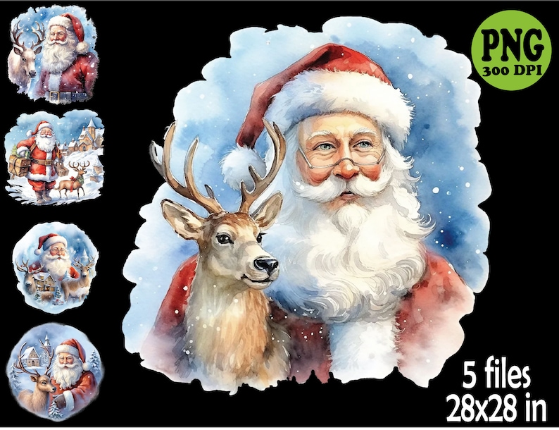 5 PNG Santa and Reindeer – Watercolor Christmas PNG Set – Festive ...
