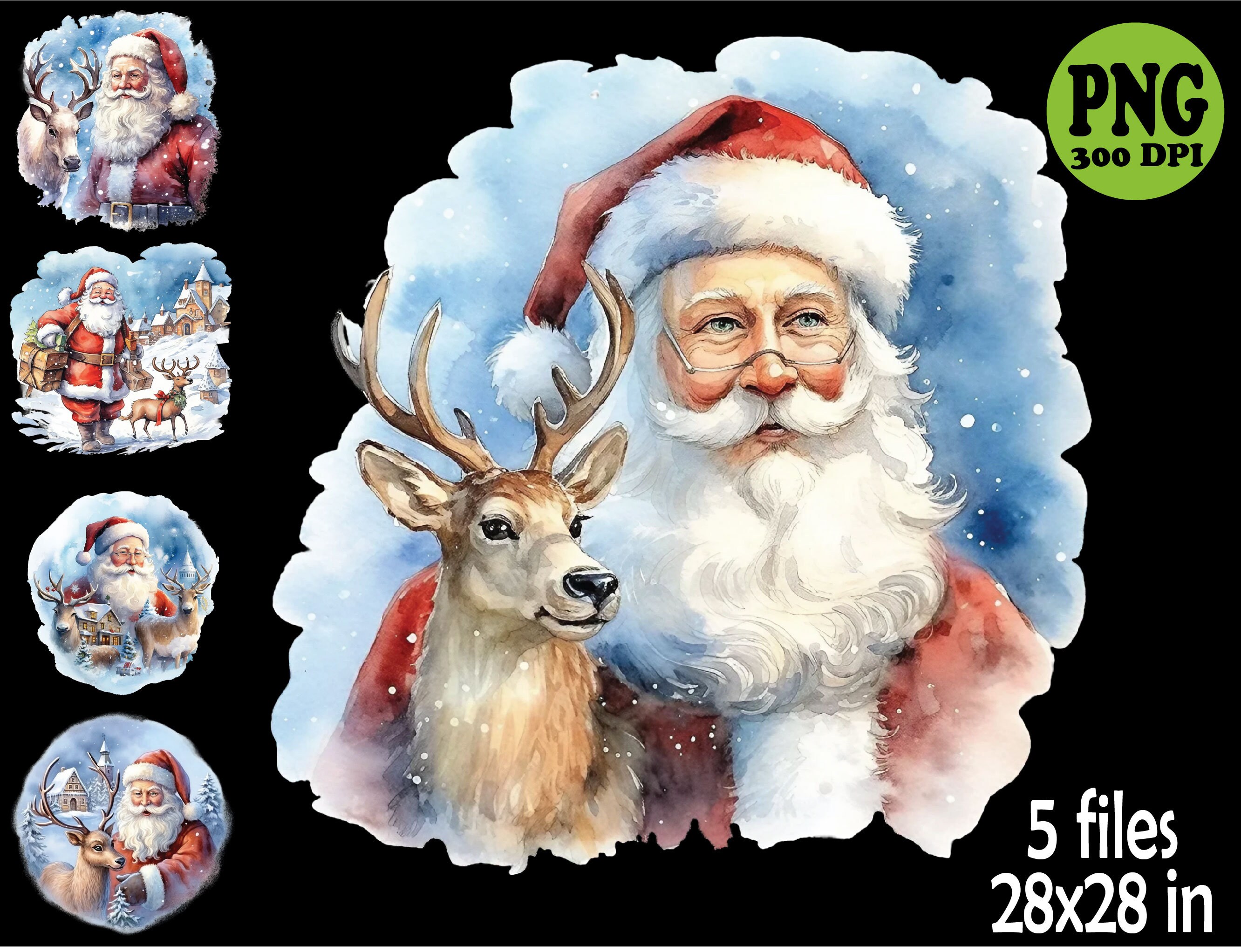 5 PNG Santa and Reindeer – Watercolor Christmas PNG Set – Festive ...