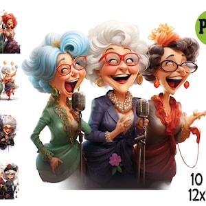 Aquarelle drôle de vieilles dames Clipart Illustration PNG, joyeuses vieilles dames, sublimation de femme qui chante