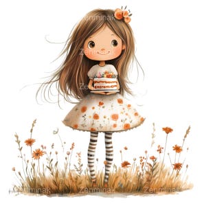 12 lindas imágenes prediseñadas de niña PNG con pastel de cumpleaños, vestido floral con flores naranjas y medias a rayas / Arte de descarga digital