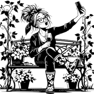 6 SVG Funny Garden Lady Selfie Fichier de coupe SVG. Femme avec un petit pain et un verre de vin posant sur un banc, entouré de fleurs et de vignes