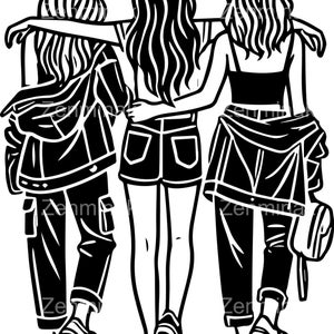 5 fichiers SVG trois filles SVG - sœurs se serrant dans leurs bras dans des tenues décontractées - Clipart Cricut pour les chemises et les cadeaux assortis