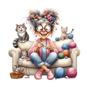 Drôle tricot grand-mère PNG, 15 Illustration de fil amoureux des chats, mamie astucieuse avec des chats, téléchargement numérique