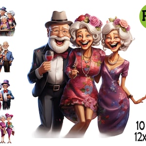 Op de afbeelding: Een groep van drie oudere mensen, twee vrouwen en een man, glimlachen en houden glazen wijn vast. De vrouwen dragen bloemenjurken en hebben wit haar met bloemen in hun haar. De man draagt een zwart pak, een wit overhemd en een strikje. De achtergrond is wit.