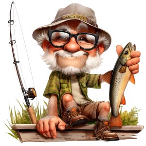 May include: Cartoon illustration of an elderly fisherman with a white beard, glasses, and a hat, holding a fish. He is wearing a green plaid shirt and brown boots. A fishing rod leans against a wooden bench.
