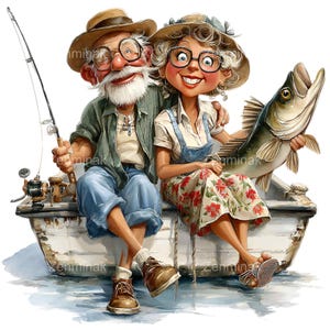 May include: A cartoon illustration of an elderly couple fishing. The man holds a fishing rod, and the woman holds a large fish. They are seated in a small white boat, both wearing hats and glasses. The woman wears a floral dress.