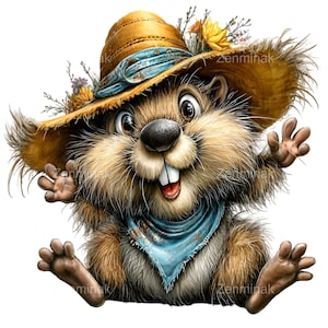 Puede incluir: Ilustración de dibujos animados de una marmota con sombrero de paja, flores y pañuelo azul. La marmota tiene pelaje marrón, una nariz grande y está sonriendo. La imagen es una ilustración digital con el texto "Zenminak".