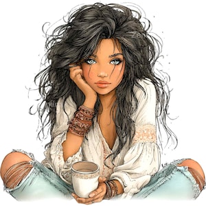 Könnte beinhalten: Digitale Illustration einer Frau mit langen, dunklen Haaren und blauen Augen, die eine weiße Bluse und zerrissene Jeans trägt. Sie hält eine weiße Tasse mit floralem Design und stützt ihr Kinn auf ihre Hand. Braune Armbänder schmücken ihre Handgelenke.