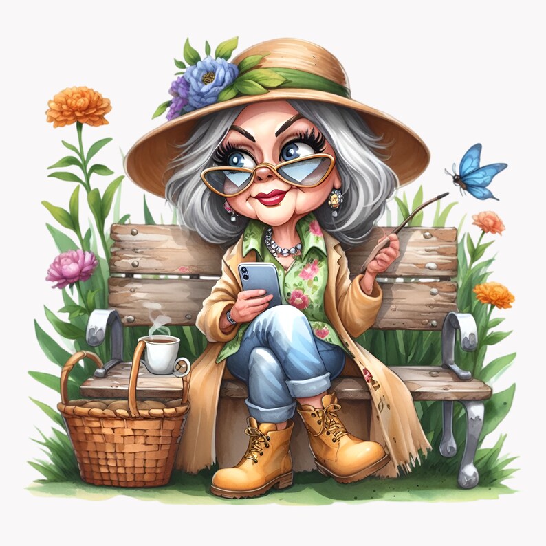 10 PNG Funny Granny Gardening PNG Clipart – Old Lady With Coffee and ...