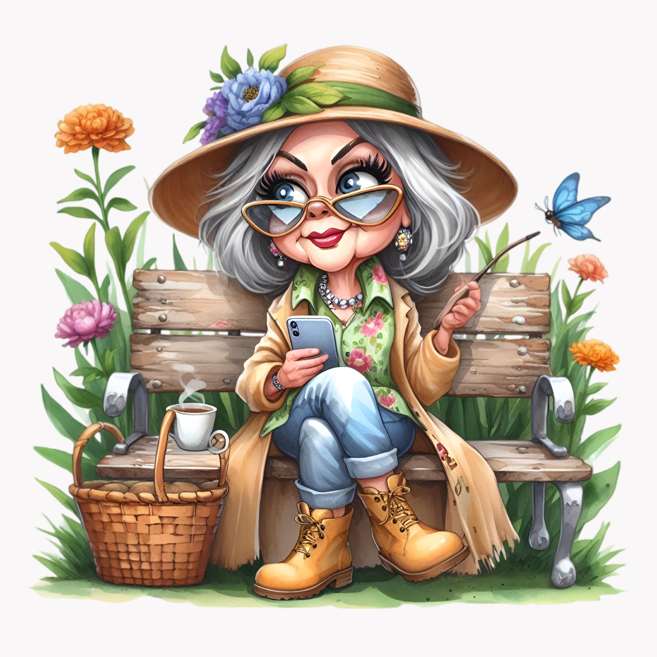 10 PNG Funny Granny Gardening PNG Clipart – Old Lady With Coffee and ...