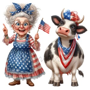 12 imágenes prediseñadas de abuela patriótica PNG y vaca PNG, ilustración divertida de la bandera de EE. UU., imagen de celebración del 4 de julio