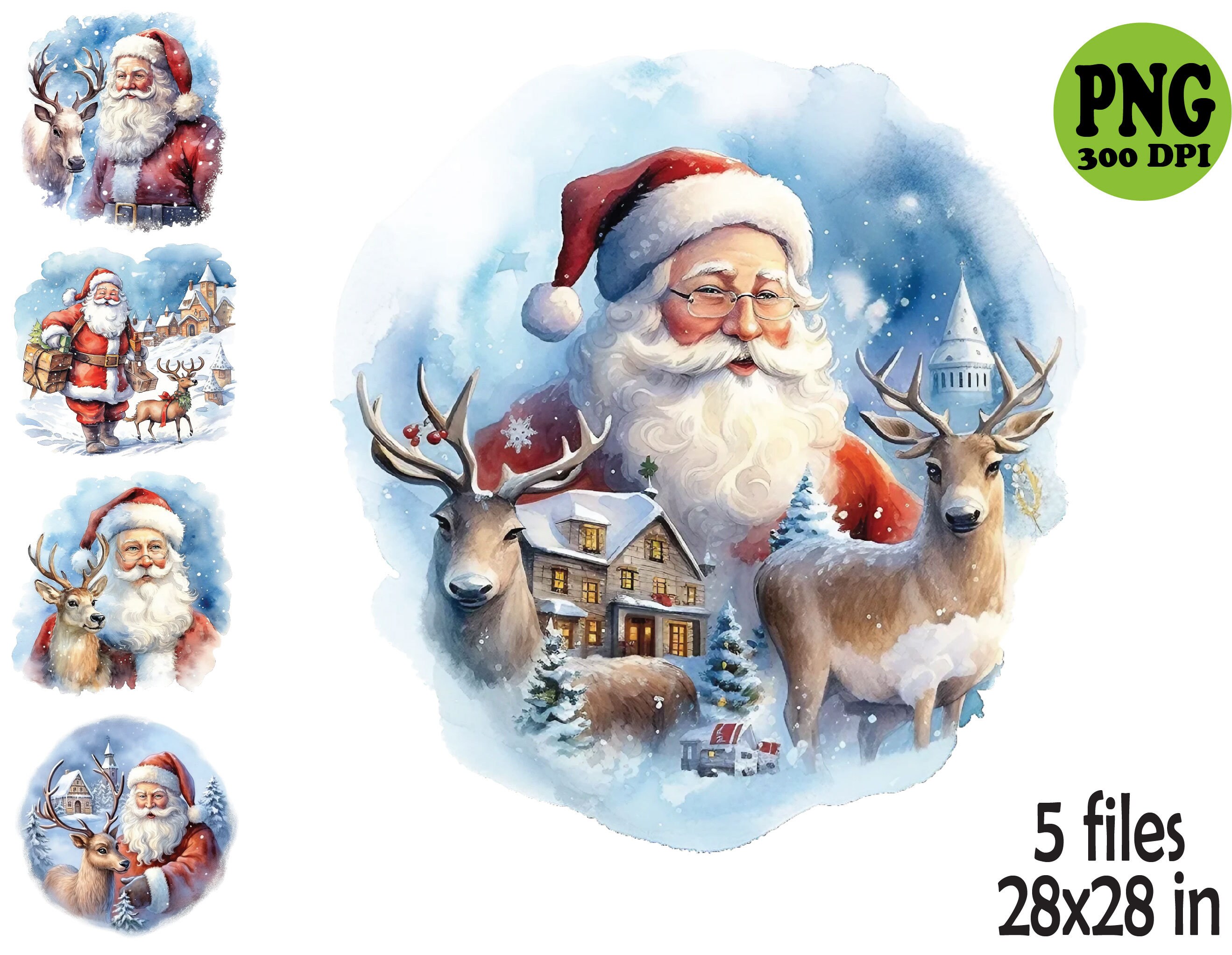 5 PNG Santa and Reindeer – Watercolor Christmas PNG Set – Festive ...