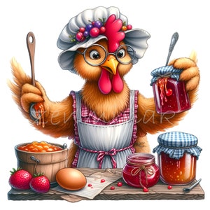 Cartone animato pollo che fa marmellata PNG - 12 Clipart cucina fattoria - Gallina con grembiule arte culinaria