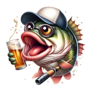 Poisson drôle avec de la bière et de la canne à pêche | 12 PNG numériques pour travaux manuels, scrapbooking et papeterie | Illustration humoristique