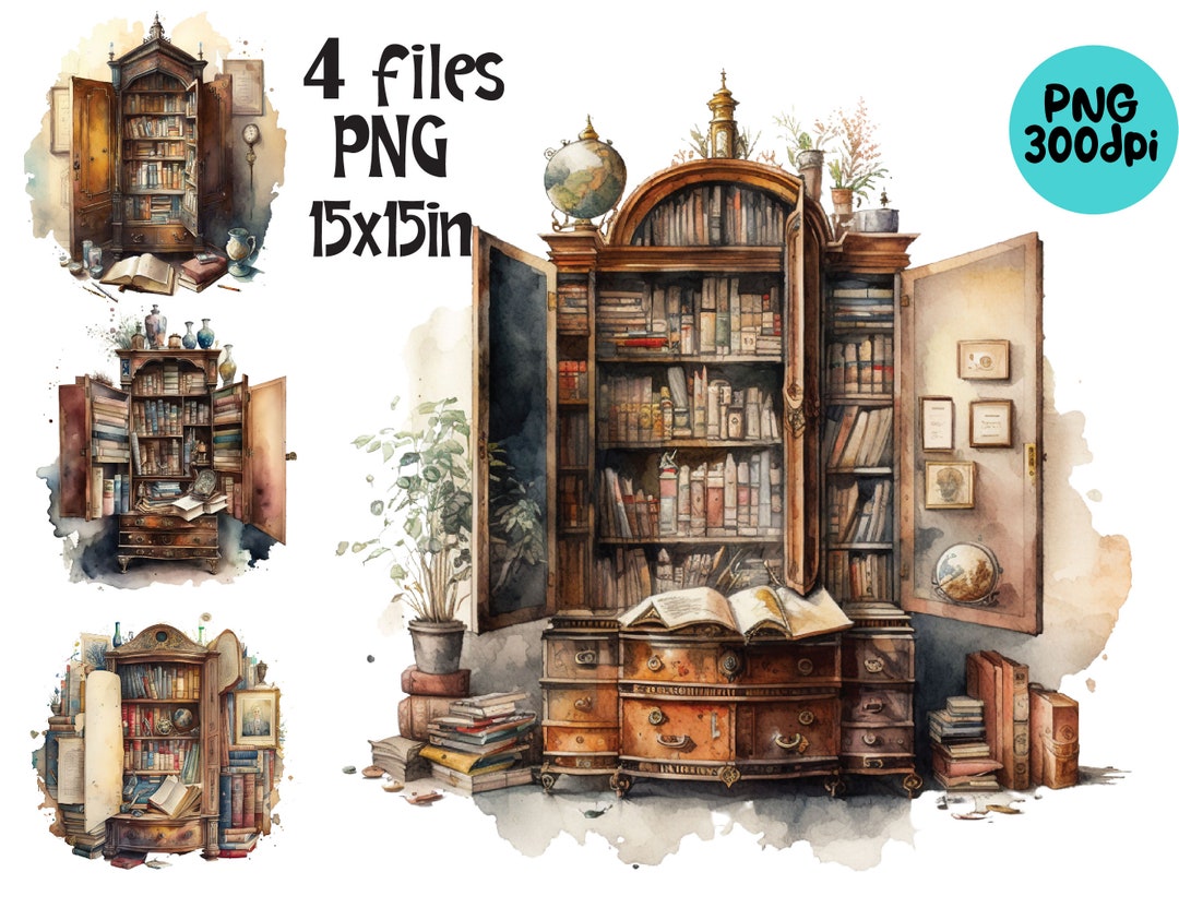 Antique Bookshelf Watercolor Clipart Illustration PNG, Etsy