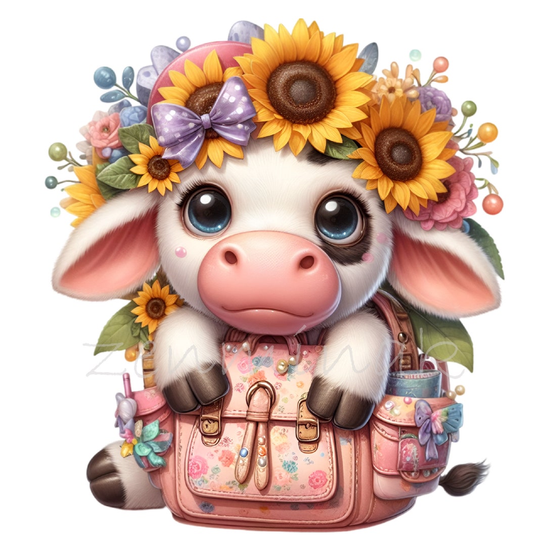 10 PNG Cute Baby Cow PNG – Floral Calf in Pink Backpack With Sunflowers ...