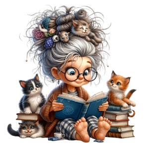 Divertente nonna che legge un libro Gatti e cani clipart 10 PNG Illustrazione