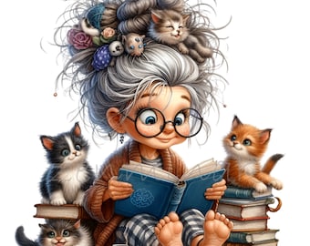 May include: A whimsical illustration of a girl with gray hair and glasses reading a blue book. She is surrounded by three cats, one of which is sitting on a stack of books. The girl is wearing a brown sweater and plaid pajamas.