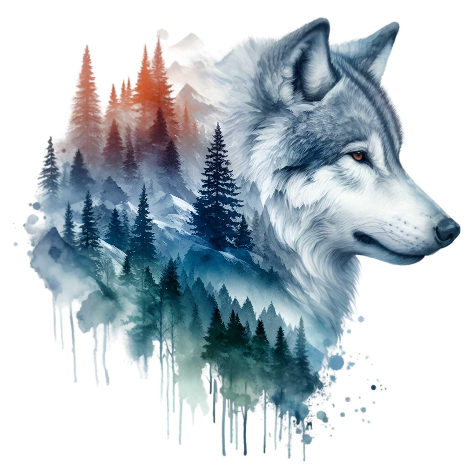 15 PNG Wolf Watercolor Clipart – Double Exposure Forest PNG, Wild ...