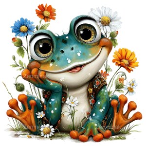 May include: A whimsical illustration of a smiling frog with large eyes, surrounded by colorful flowers. The frog is teal and orange, with a vest and a friendly expression. Daisies, orange and blue flowers add to the cheerful scene.