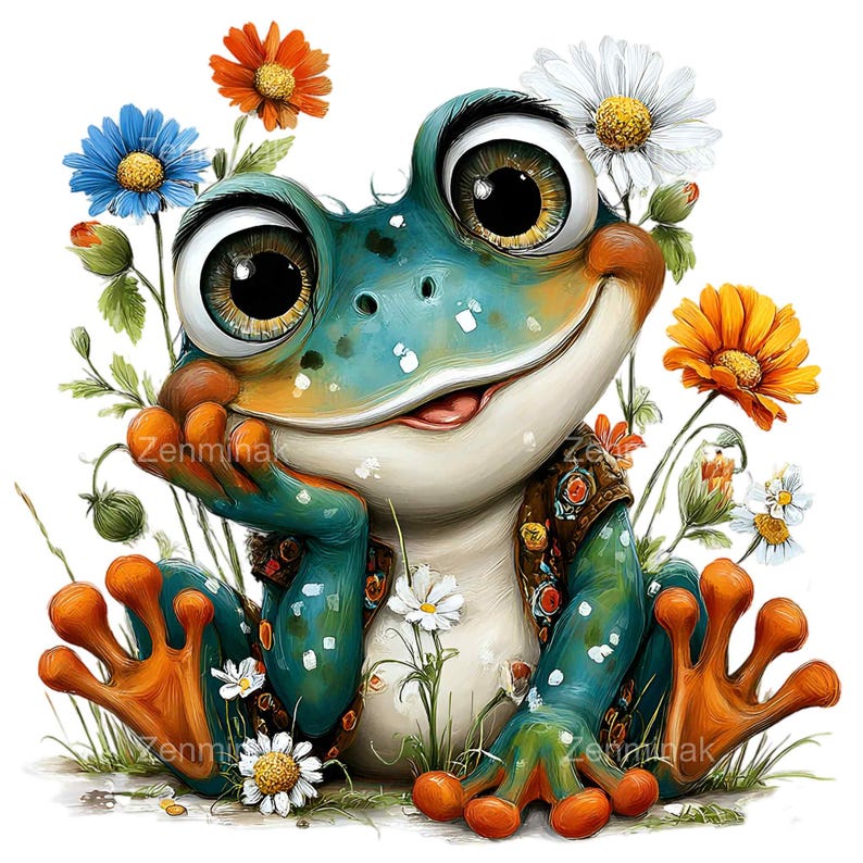 May include: A whimsical illustration of a smiling frog with large eyes, surrounded by colorful flowers. The frog is teal and orange, with a vest and a friendly expression. Daisies, orange and blue flowers add to the cheerful scene.