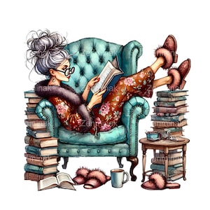 15 PNG di donna che legge rilassata, cartone animato eccentrico di donna elegante con libri e caffè, clipart divertente per progetti fai da te