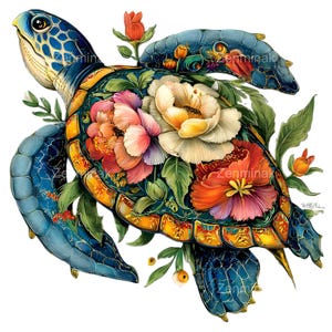 Puede incluir: Una vibrante ilustración de una tortuga marina adornada con flores y follaje coloridos. El caparazón de la tortuga presenta un mosaico de naranja, amarillo y verde azulado, con una cabeza y aletas azules. La obra de arte incluye el texto "Zenminak".