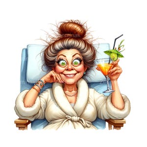 12 Funny Spa Lady PNG Clipart, Cartoon Woman with Cocktail in Bathrobe Illustration, Relaxed Lounge Art