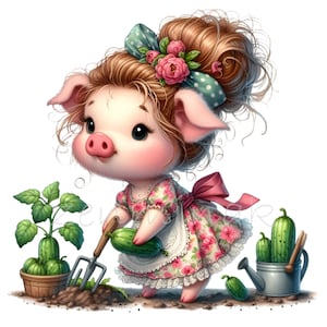 15 imágenes prediseñadas de cerdo jardinero, un lindo cerdito con vestido floral, pepinos y herramientas, adorable arte de animales de granja.