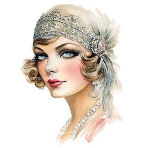 May include: Watercolor illustration of a woman in the style of the Roaring Twenties. She wears a beaded headpiece with a jewel and feather detail, a pearl necklace, and has red lipstick and blue eyes. The artwork has a vintage aesthetic.