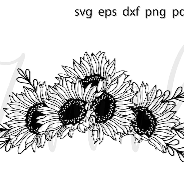 Sunflower Headband  Wreath Arrangement Svg, Floral Wedding Bouquet Svg, Sun Flower Frame Svg File For Cricut &Silhouette