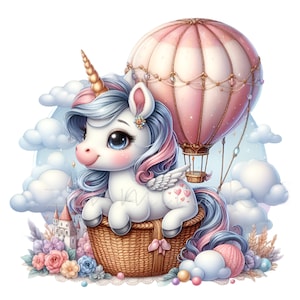 12 Unicorn in Hot Air Balloon PNG Clipart - Whimsical Winged Unicorn Illustration - Cute Digital Art for Crafts & Prints