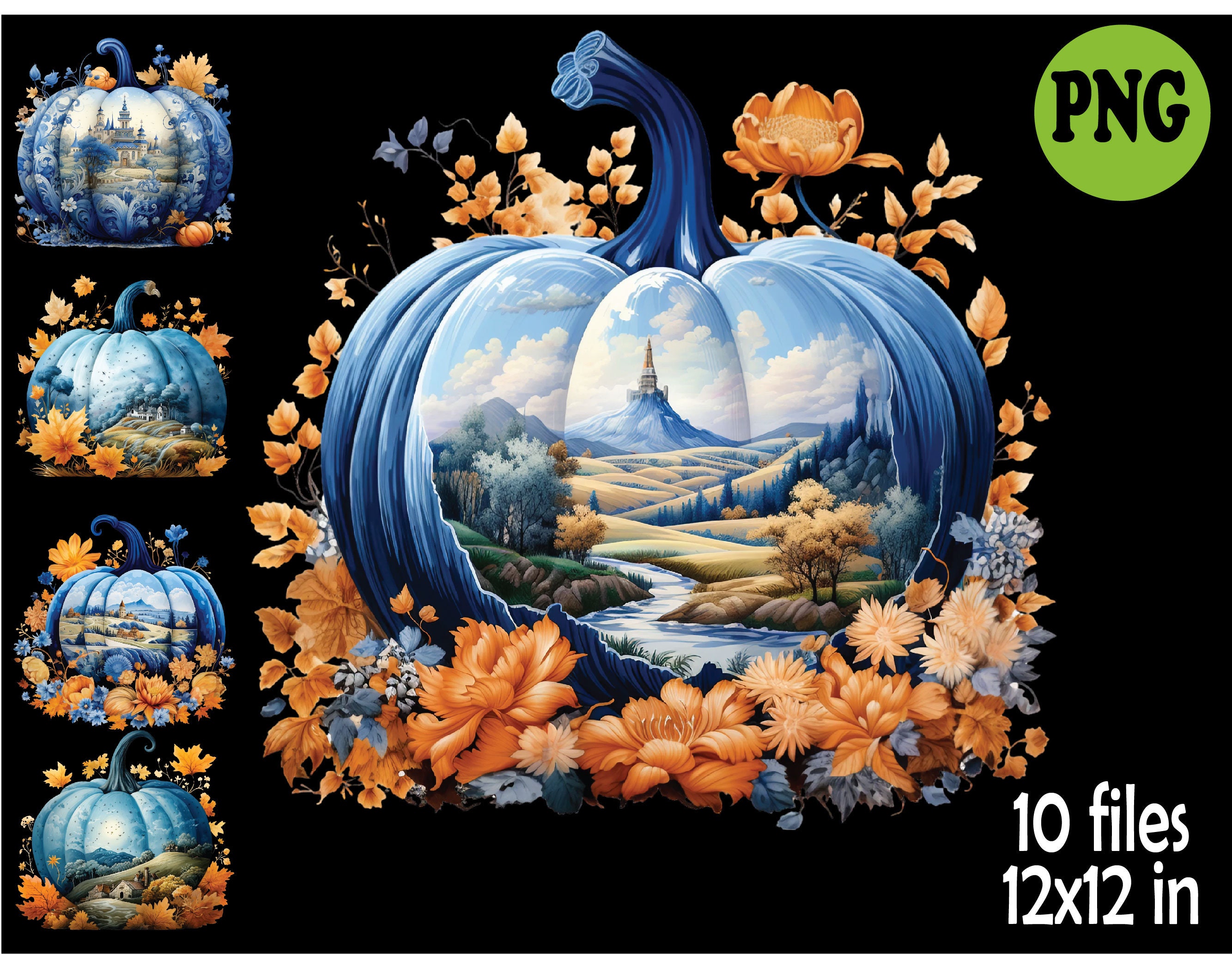 10 PNG Blue Pumpkin Watercolor Clipart, Fall Landscape Porcelain - Etsy