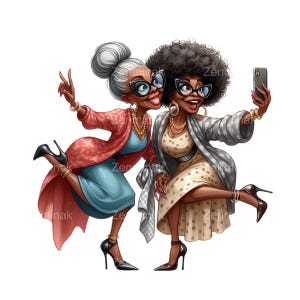 May include: Two women, one with grey hair and one with curly black hair, are taking a selfie. They are both wearing stylish outfits and sunglasses. The woman with grey hair is wearing a red and blue dress and a red cardigan. The woman with black hair is wearing a white and brown polka dot dress and a grey cardigan. They are both smiling and looking at the camera.