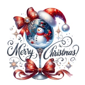 17 png PNGEgg Sneeuwpop in wijnglas PNG – Elegante kerstclipart met rode strikken, sneeuwvlokken en vrolijk kerstfeest-tekst voor winterkaarten en decor
