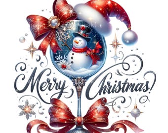 17 Merry Christmas Wine Glass PNG Clipart, Snowman Santa Hat Bow Sublimation