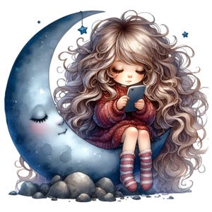 12 maan meisje PNG, schattig meisje zittend op wassende maan clipart, nacht illustratie, grillige kunst digitale download