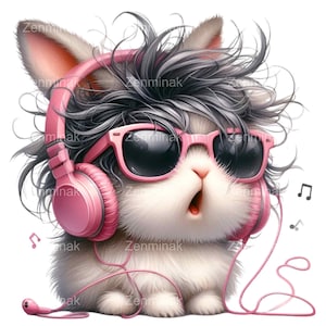 12 Süßer Hase PNG Clipart mit Kopfhörern und Sonnenbrillen, Rock Star Kaninchen Musik hören, Kawaii DJ Bunny Art
