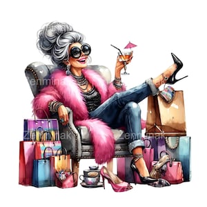 18 PNG Werbung - Shopping Grandma PNG - Lustige Mode Dame mit Taschen Clipart - Schicker Senior Entspannend für digitale Kunst und Wanddekoration
