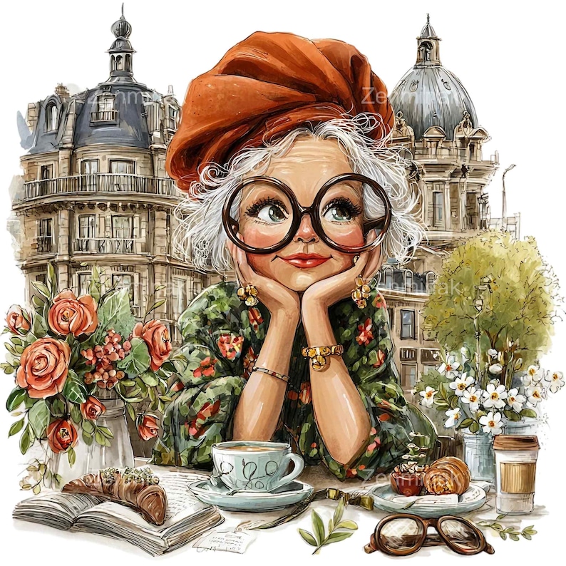 14 PNG Funny Senior Lady Clipart, Paris Cafe Coffee Illustration - Etsy