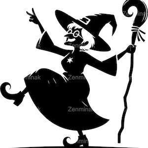 7 SVG Funny Witch SVG – Dancing Halloween witch with cane and pointy hat – Silhouette clipart for spooky shirts and party crafts