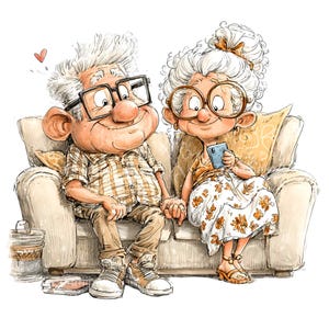 以下が含まれることがあります： ベージュのソファに座り、手をつないでいる老夫婦の漫画イラスト。男性はメガネ、チェックのシャツ、茶色のズボンを着用しています。女性はメガネ、花柄のスカートを着用し、携帯電話を持っています。彼らの上にはハートが浮かんでいます。