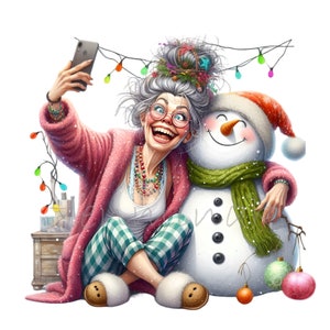 Bejaarde vrouw met sneeuwpop, 15 kerstclipart png, leuk winters tafereel, perfect voor vakantieknutsels