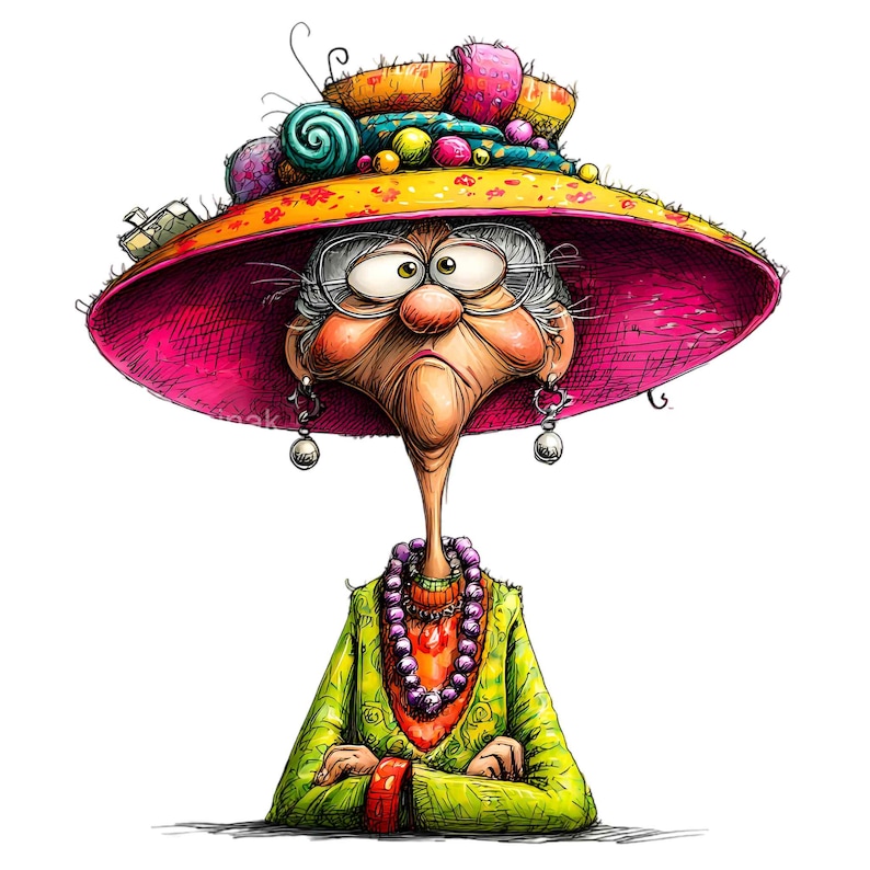 16 PNG Funny Grandma Clipart – Eccentric Old Lady With Big Hat and ...