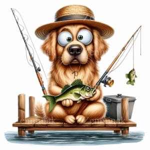 15 Funny Fishing Dog PNG Clipart, Golden Retriever with Fish and Rods, Cute Pet Fisherman on Wooden Dock Illustration