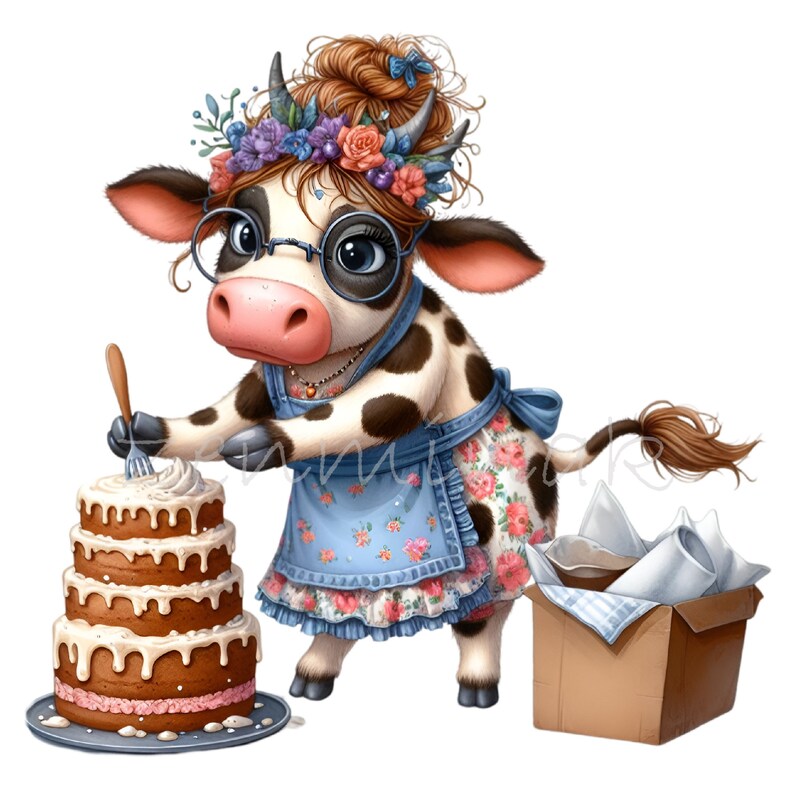 12 PNG Cute Cow Baker Clipart – Cartoon Cow With Flower Cake PNG ...