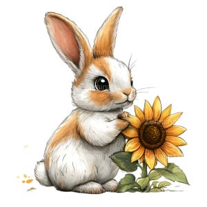 10 simpatici clipart PNG di coniglietti con girasole - adorabile illustrazione di conigli - arte animale primaverile per stampe e decorazioni