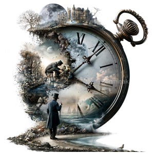 May include: An artistic depiction of a pocket watch with a surreal landscape. The watch face features Roman numerals and ornate hands. The scene includes figures, a seascape, and a castle, creating a dreamlike quality. The watch is set against a white background.