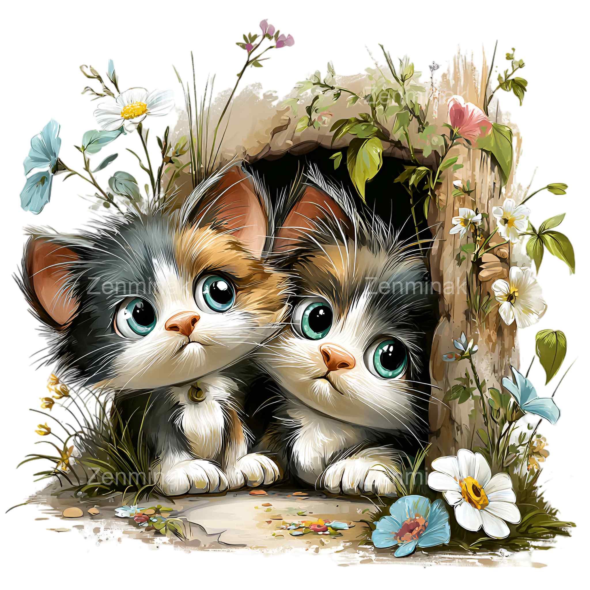 15 PNG Cute Kitten Trio Clipart – Fluffy Spring Cats With Big Eyes and ...